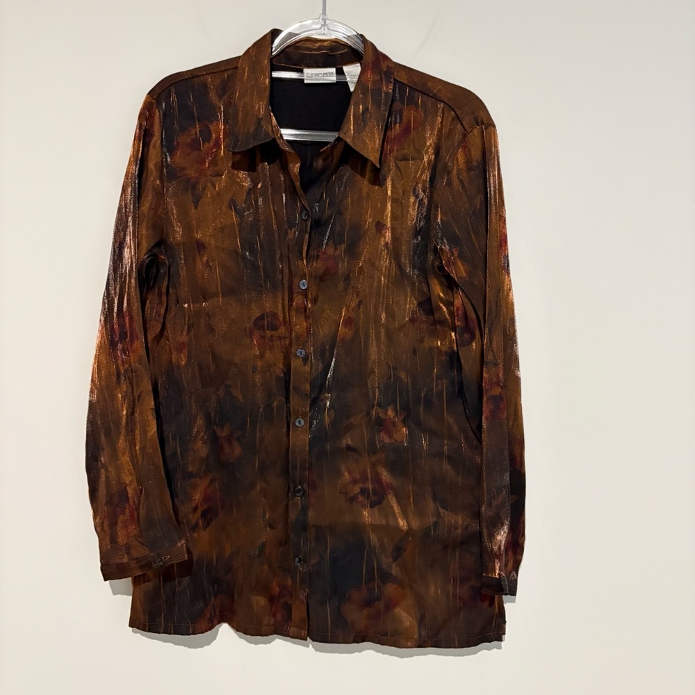 Chico’s Silky floral button front blouse Brown bronze metallic size‎ 2 medium